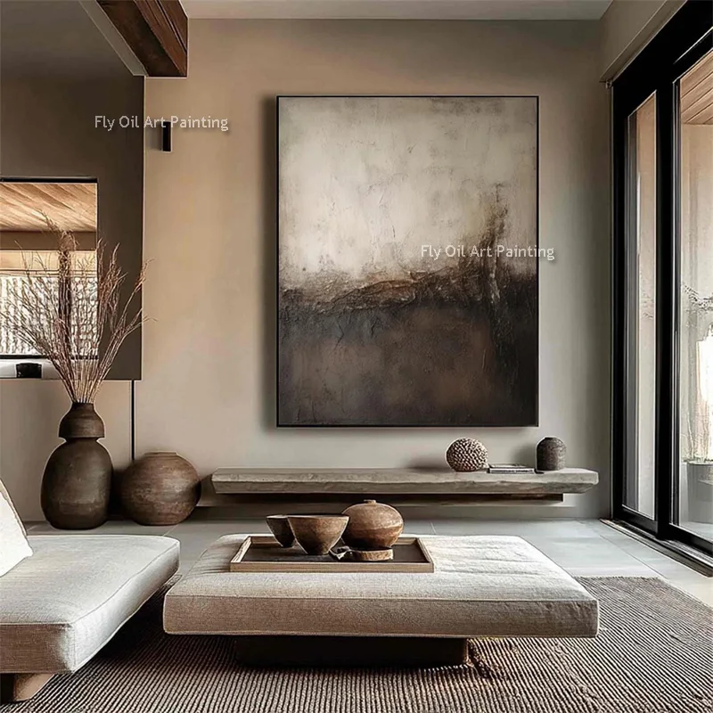 Hand Painted Impasto Abstract Oil Painting, Dark Brown Neutral Wabi Sabi Textured Canvas Wall Art for Modern Home