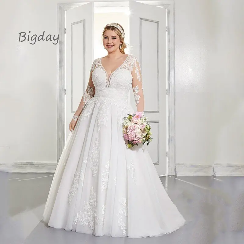 Plus Size abiti da sposa donna 2024 manica lunga scollo a v a-line Backless Lace Appliques abito da sposa Sweep Train Vestidos De Novia