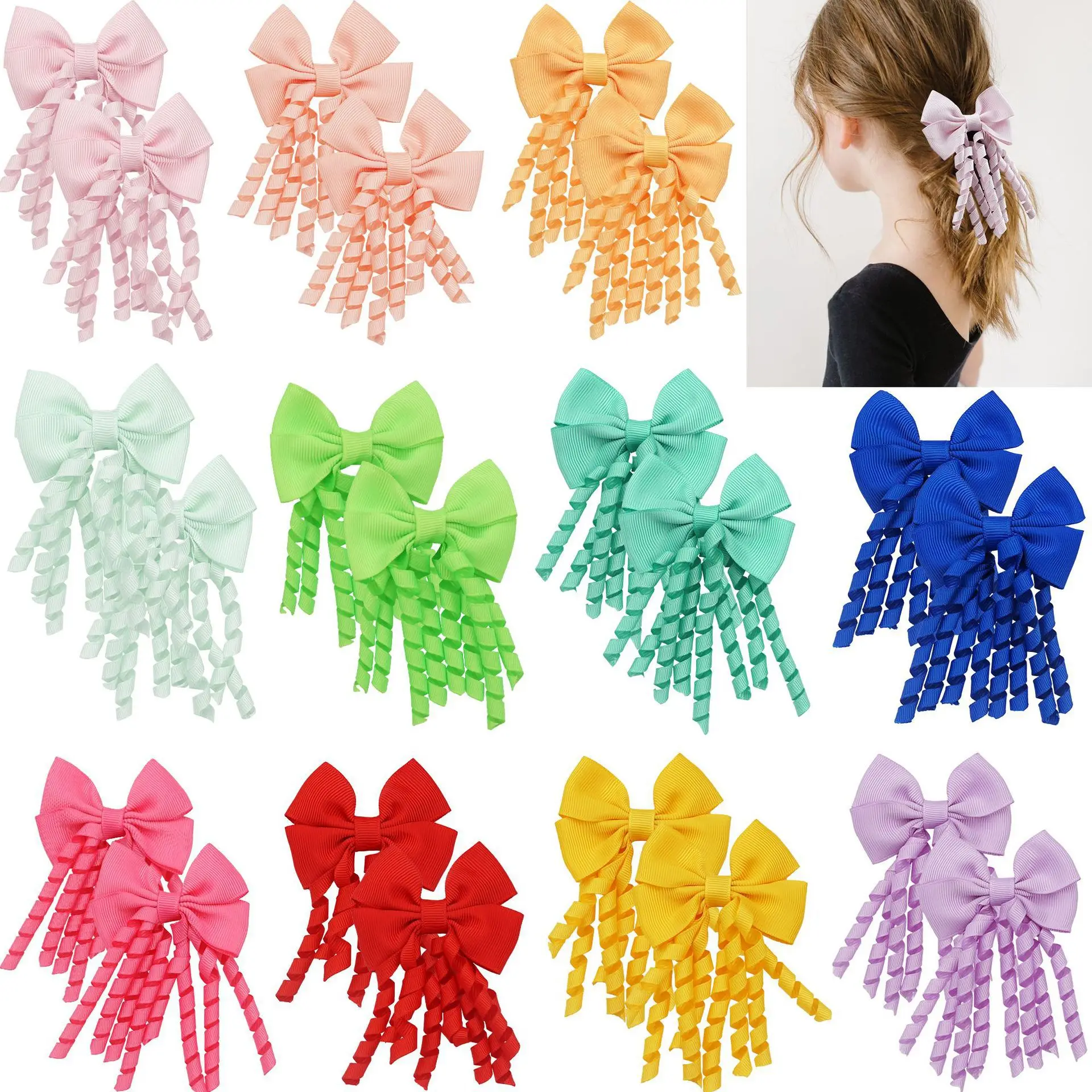 10pcs European American Christmas Kids Hair Accessories Candy Color Bow Curly Ribbon Tassel Hair Clips Girls Party Hairpins