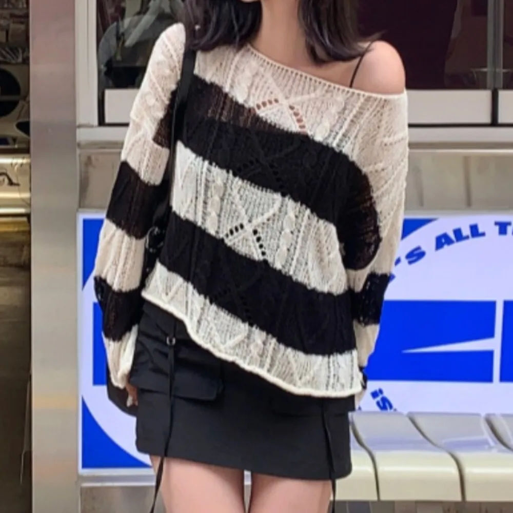 

Повседневный женский вязаный свитер Long Sve, корейский свободный крой спереди Ba, носимый полосатый узор