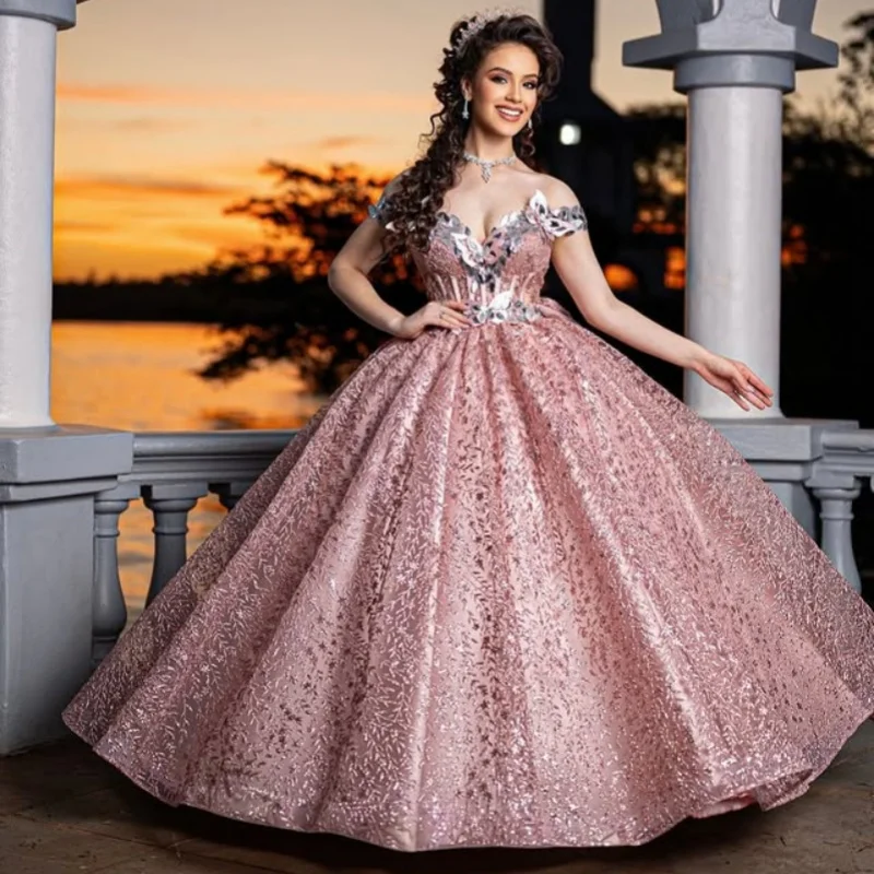 

Блестящее розовое платье Quinceanera с открытыми плечами и блестящей наклейкой, длинный хвост, Vestidos De 15, Quinceanera ﻿ Настроить