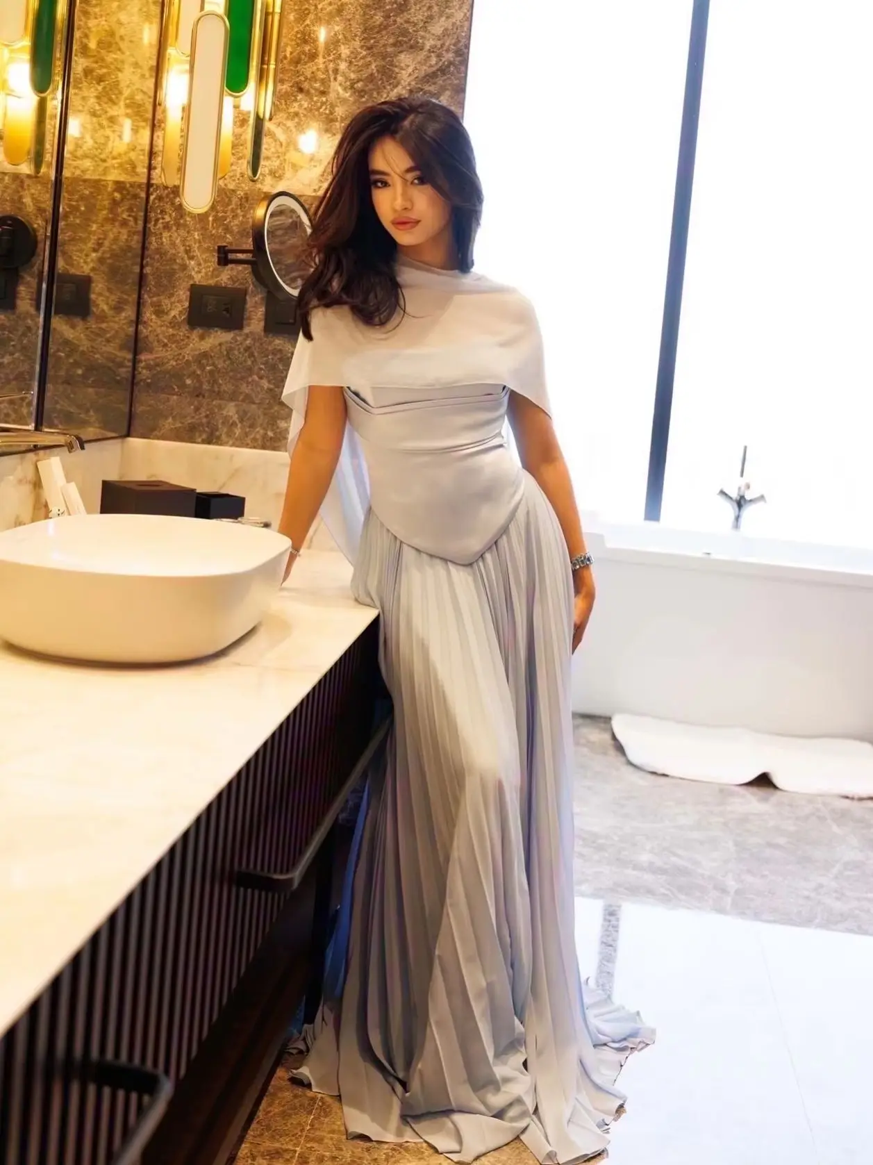 

New Design Light Blue Evening Dress Prom Gown Satin Pleated Maxi Formal Party Dress With Sheer Capelet For Women