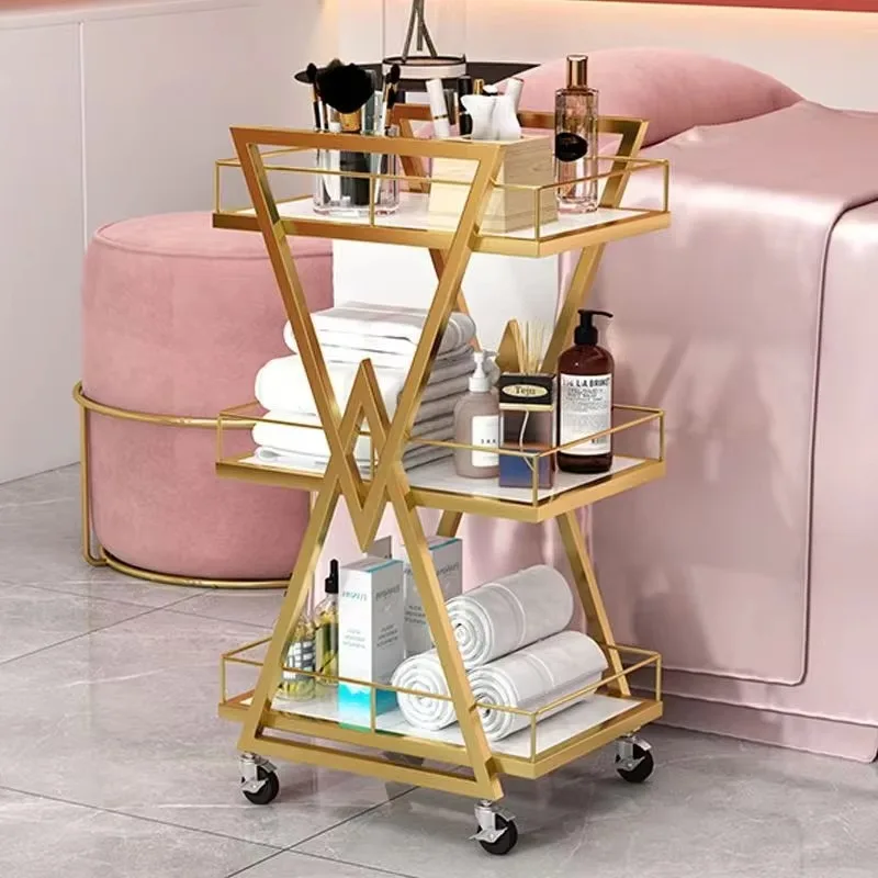 Modern Rose Gold Salon Barber Trolley Rolling Cart 4-Wheel Metal Frame High Quality Waterproof Furniture Wholesale