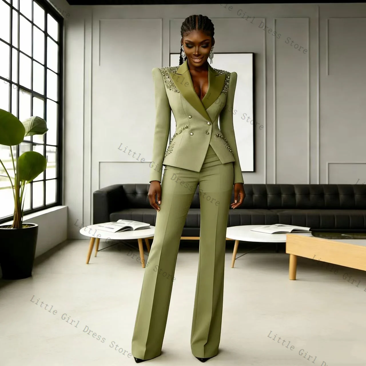

Комплект из 2 предметов: зеленый женский костюм (пиджак и брюки) с кристаллами, хлопок, для офиса, нарядный, для выпускного, свадьбы, для невесты, на заказ