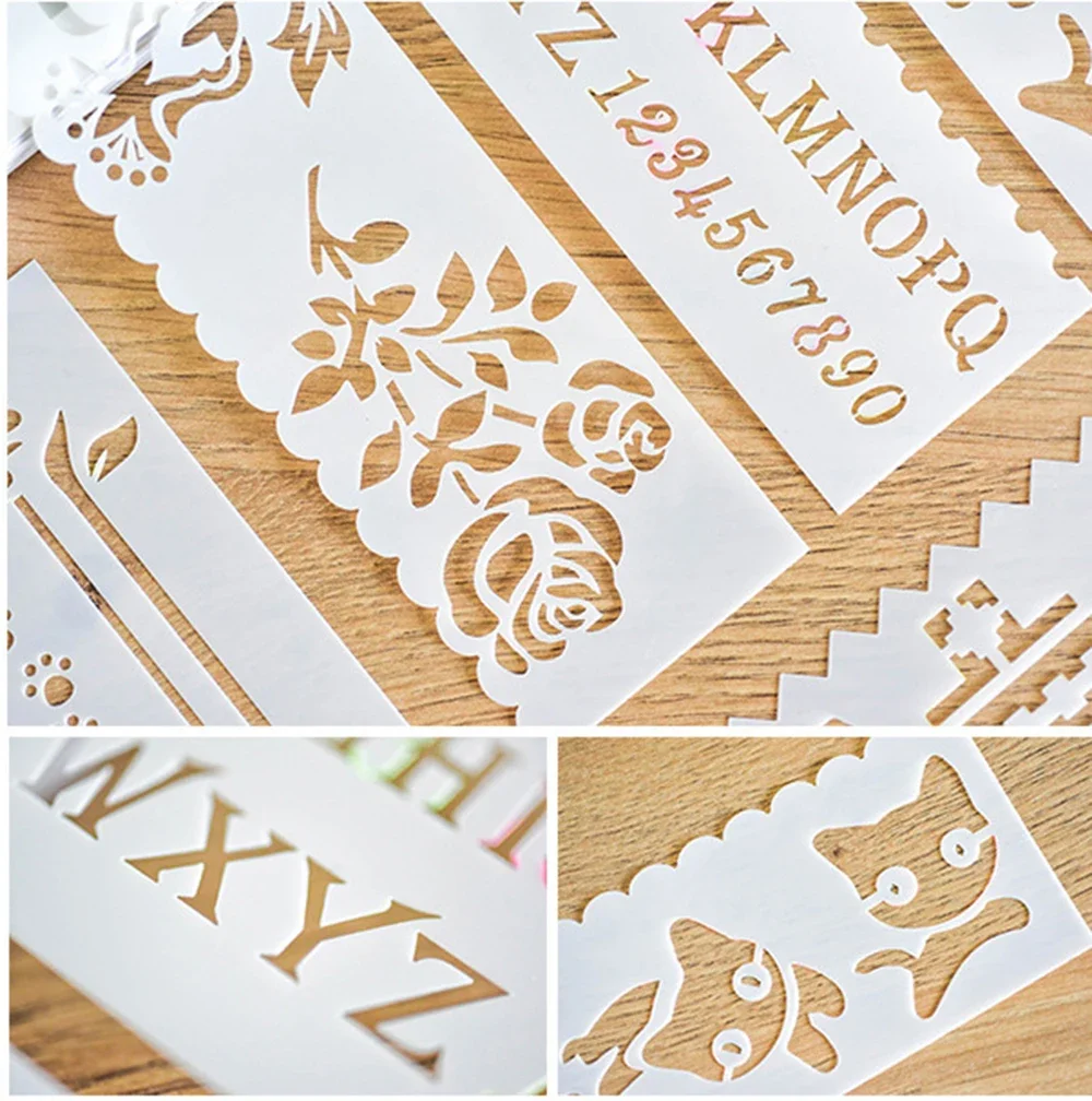 8Sheets DIY Drawing Tool Hollow Lace Ruler Weather Animal Flower Boat Leaf Scrapbook Lace Template Ruler School Stationery