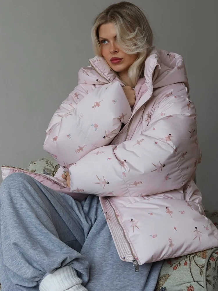 معاطف قطنية فضفاضة دافئة مطبوعة باللون الوردي أنيقة للنساء بسحاب عصري وأكمام طويلة مع قلنسوة ملابس نسائية غير رسمية للتنقل في الشارع