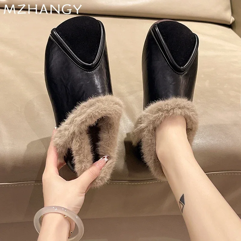 Fur Women Flats Cotton Shoes Leather Fahsion Warm Loafers Shoes Woman Trend New Snow Boots Walking Plush Mujer De Zapatillas