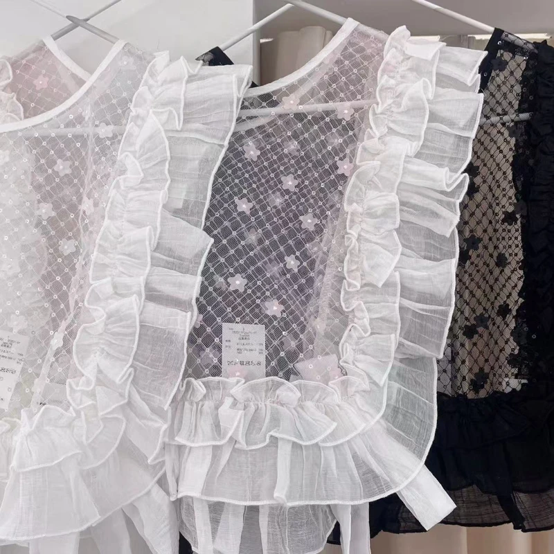 Japanese Design Shiny Flower Print Two-Piece Women's clothing Spring Autumn Lace Hollow Out Versatile Pullover Waistcoat Ladies