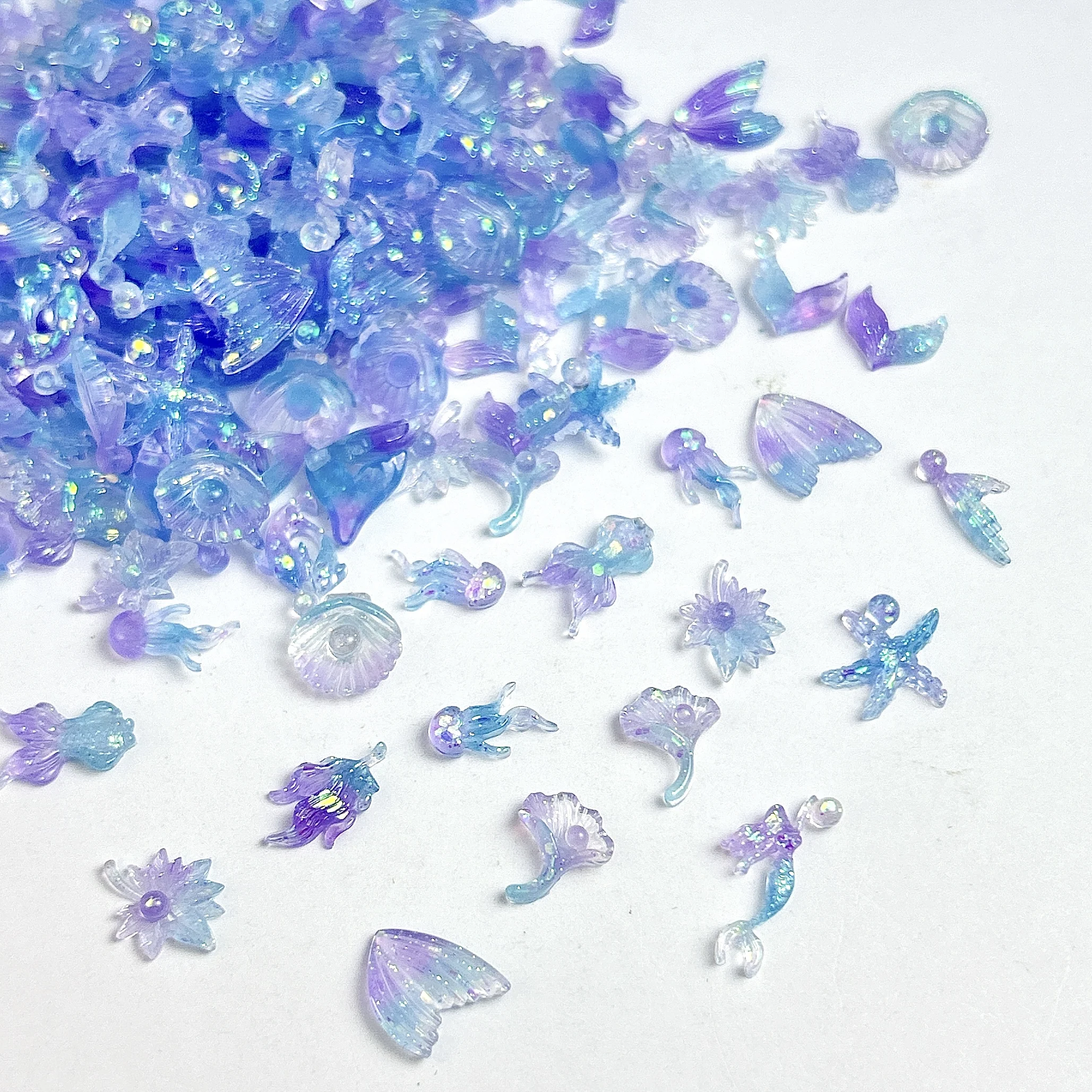 

Random Mixed Dreamy Blue Purple Gradient Ocean Series Nail Art Charms Resin Shell Fish Tail Nail Art Decorations Manicure DIY