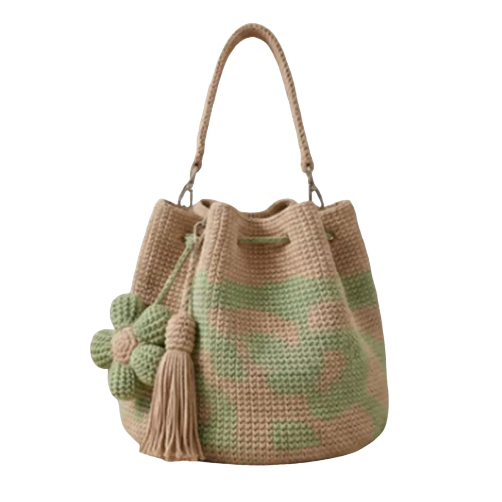 Boho Beach Handbag Lightweight Crossbody Shoulder Bag with Flower Tassel Needlepoint Barrel Drawstring Purse for Women Vacation view 2