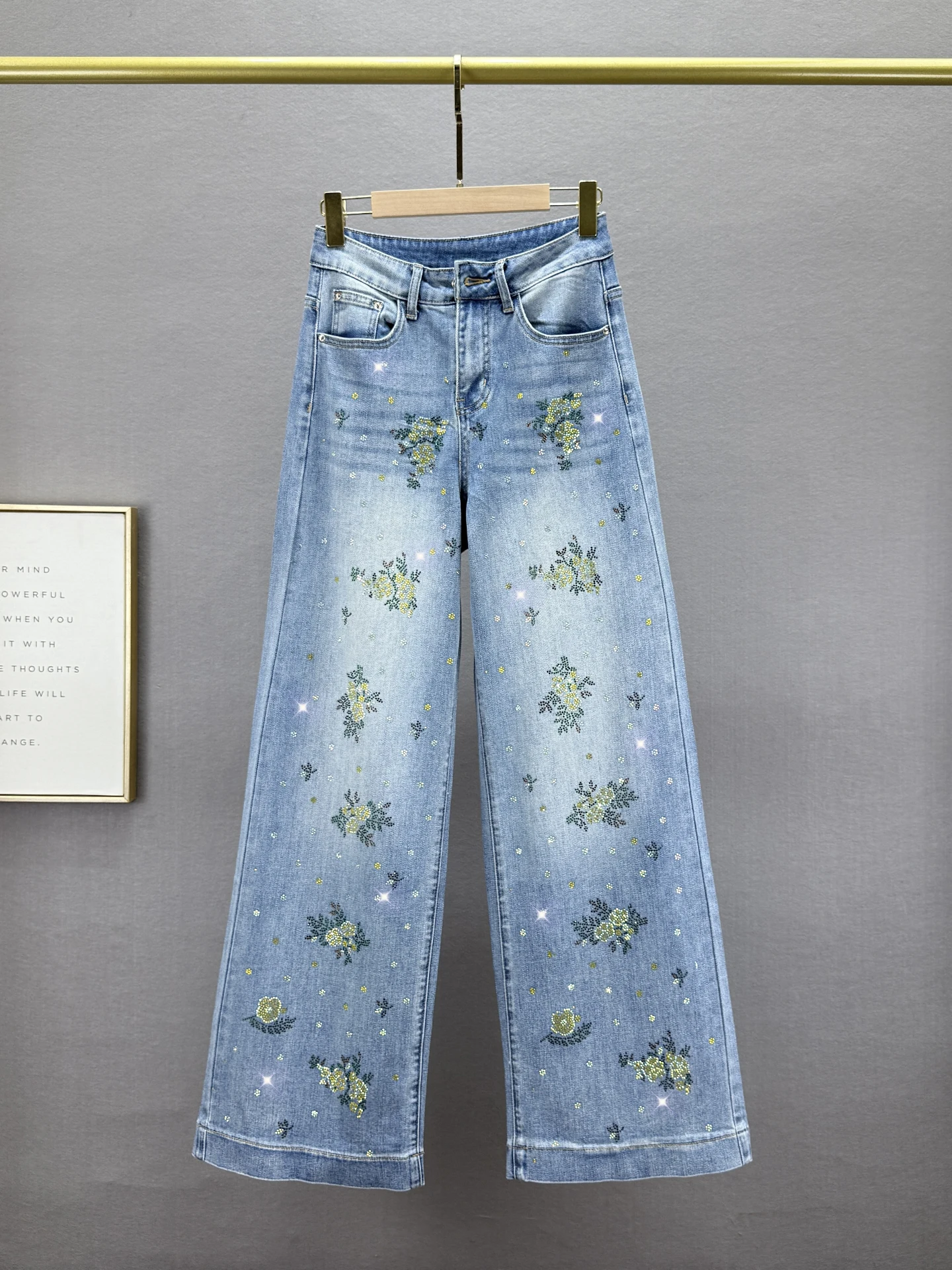 

High Waist Wide Leg Jeans Women's Autumn New Sle Floral Rhinestone Embellied Long Floor-Length Loose Fit Casual Trousers