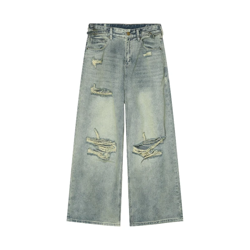Korean Fashion Hole Ripped Jeans Men Mid-waist Straight Wide Leg Pants Hip Hop Streetwear Vintage Washed Jeans Trousers For Men