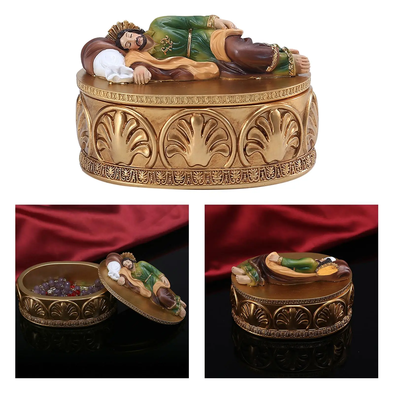 Antique Resin Saint Joseph Statue Jewelry Storage Box Catholic Religious Figurine for Church Home Ornament