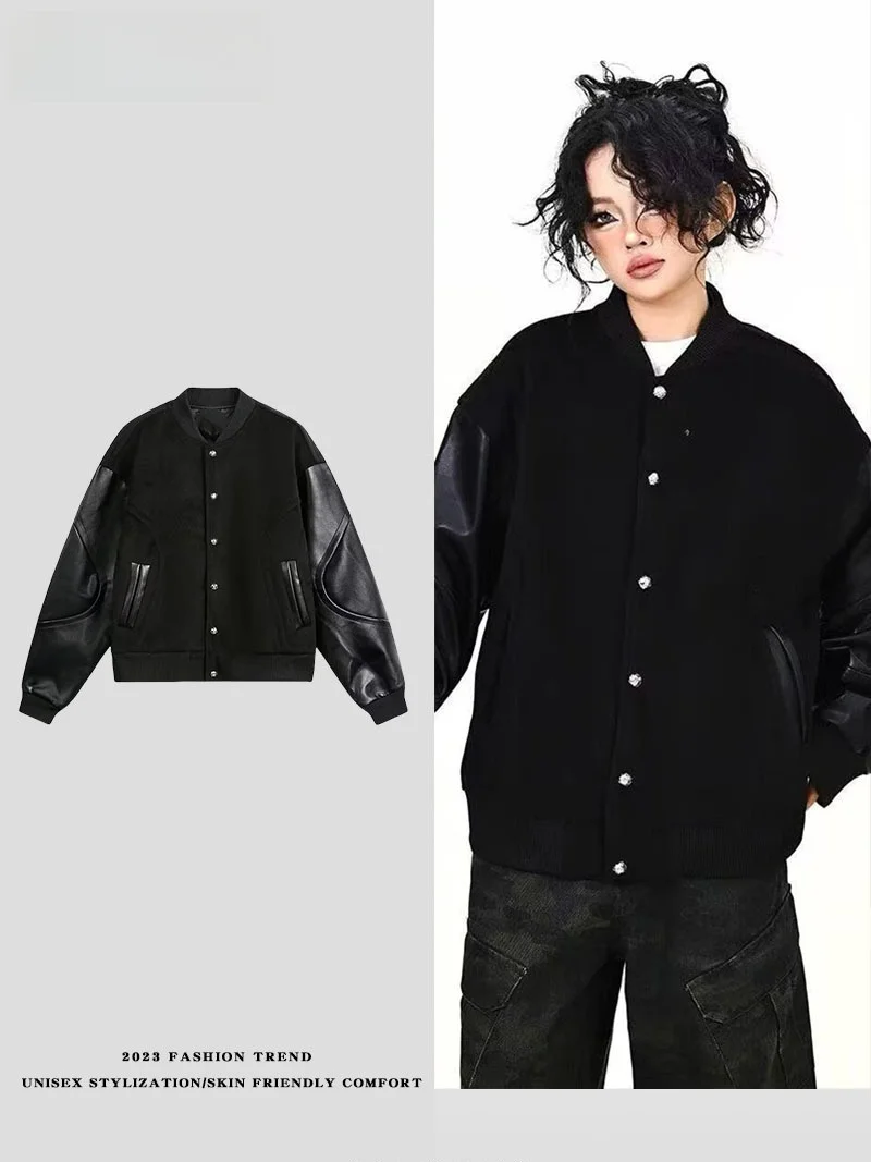 

Ретро американский твидовый лоскутный кожаный бейсбольный джет мужской дизайн крутая модная верхняя одежда осень-зима свободный крой обычный све