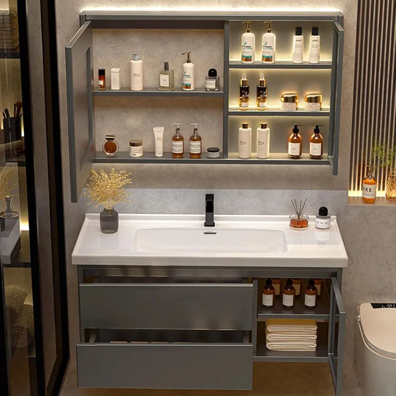 Wastafel Kayu Solid Lemari Kamar Mandi Keramik Vintage Vanity Penyimpanan Lemari Kamar Mandi Cermin Ringan Meuble Toilette Furniture