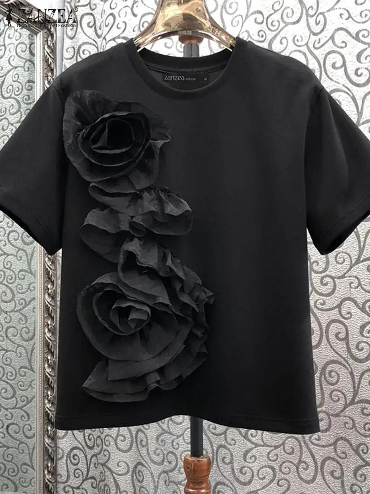 Zanzea-blusas de manga curta com design de flor para mulheres, gola redonda, cor sólida, streetwear, elegante, verão, 2024