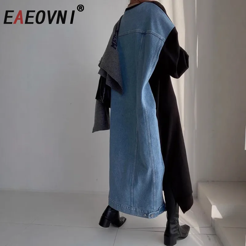 EAEOVNI カジュアルレディースドレスデニムパッチワークデザインレタープリントルーズコントラストカラールーズドレスファッション衣類