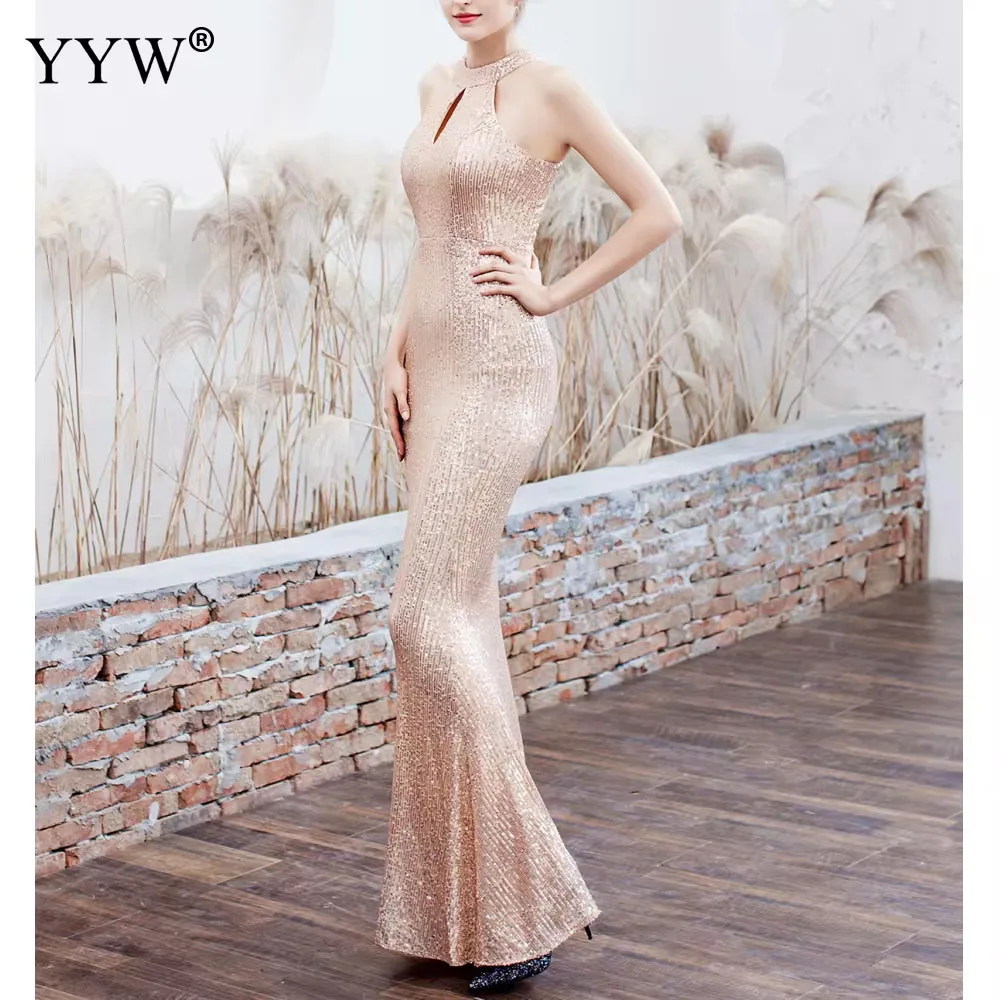 New 2020 Women Sequined Party Long Dresses Halter Sleeveless Mermaid Evening Dress Ladies Solid Sexy Robes Elegant Formal Gowns