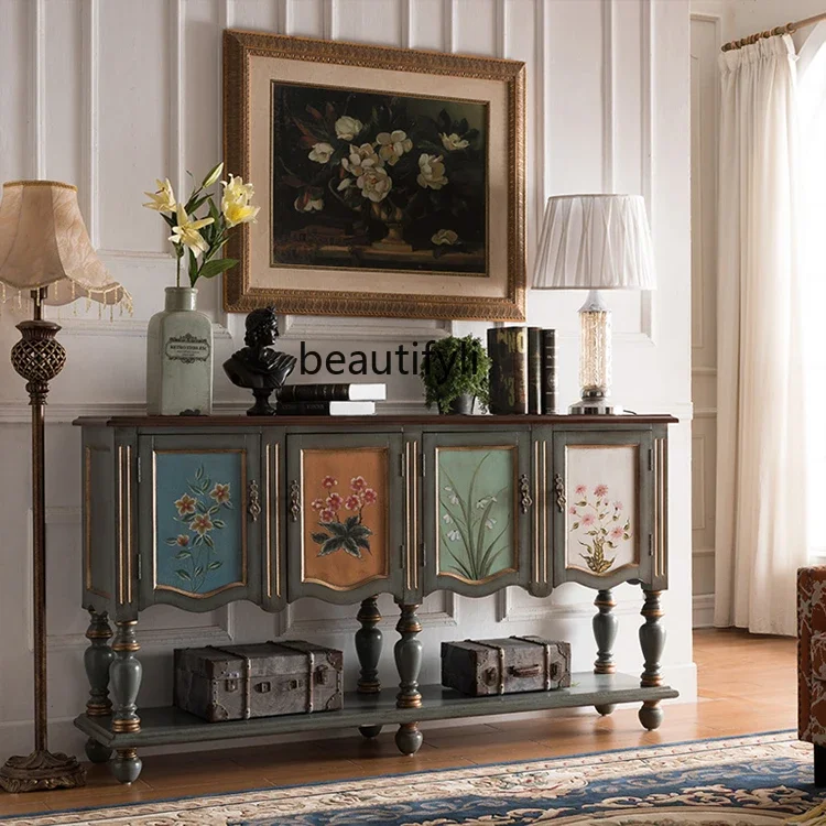 خزانة مدخل على الطراز الأمريكي لغرفة المعيشة، وحدة تخزين طويلة، خزانة جانبية مطلية عتيقة #3