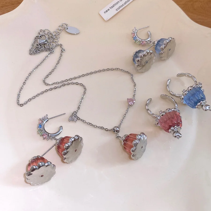Pink Flower Bell Resin Pudding Pendant Necklaces for Women Silver Color Heart Rhinestones Thin Chains Necklace Cute Jewelry M