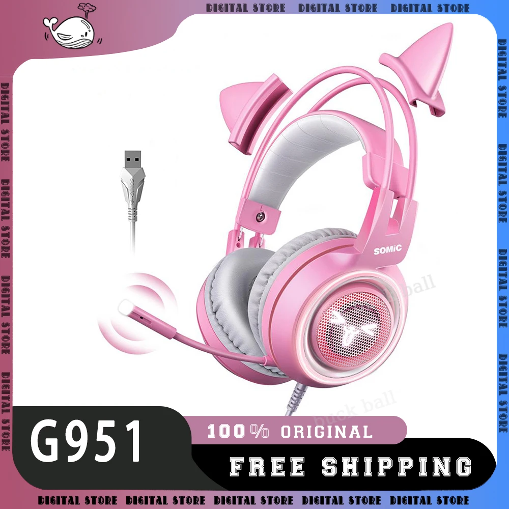 Somic G951 Wireless Headphone With Microphone Cat Ears Cute Pink Headset Noise Reduction Pink Anchor Gaming Earphone Girl Gifts