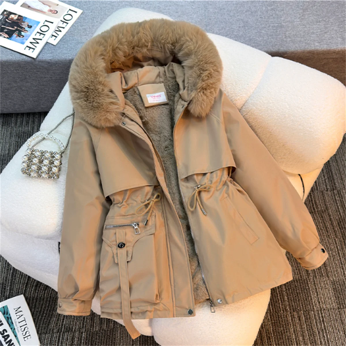 Women Winter Hooded Parka Coat Lace Up Pocket Fur Collar Jackets Solid Zipper Outfit Warm Clothes Female Casual Fashion Coats