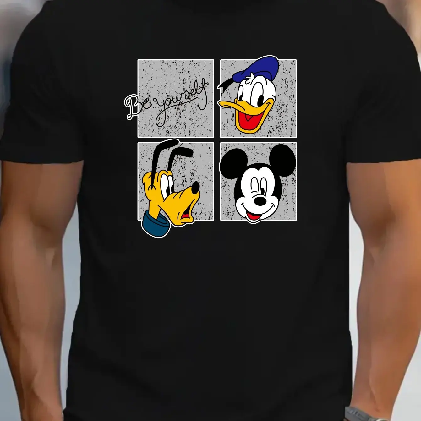 Disney T-Shirts Disney Men's Casual Mickey Donald Goofy Be Yourself Cartoon Print Regular Short Sleeve Slight Stretch Crew Neck