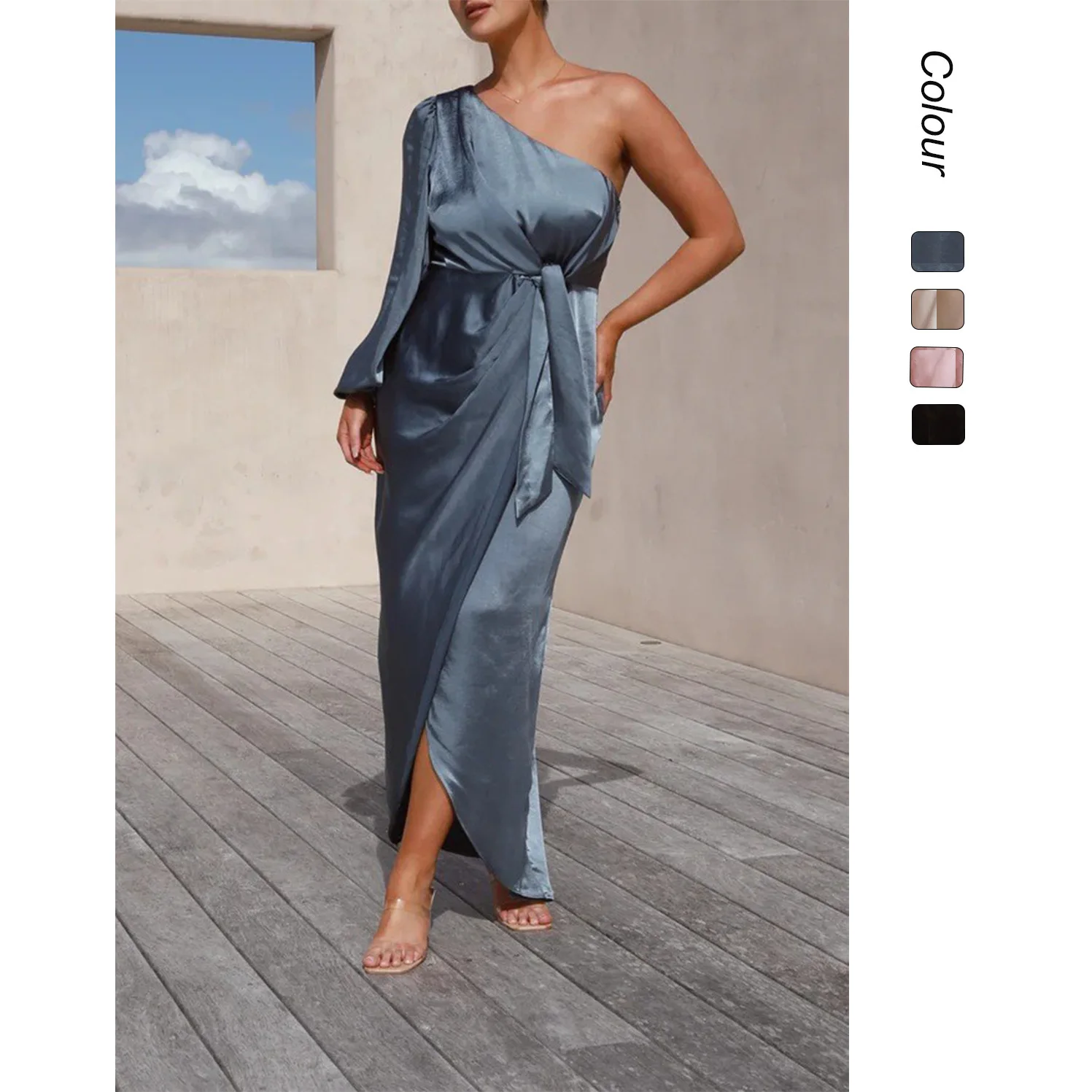 25 anni Abito sexy con maniche a lanterna in raso con spalline asimmetriche e cravatta in vita per le donne Nuovo stile - 23125