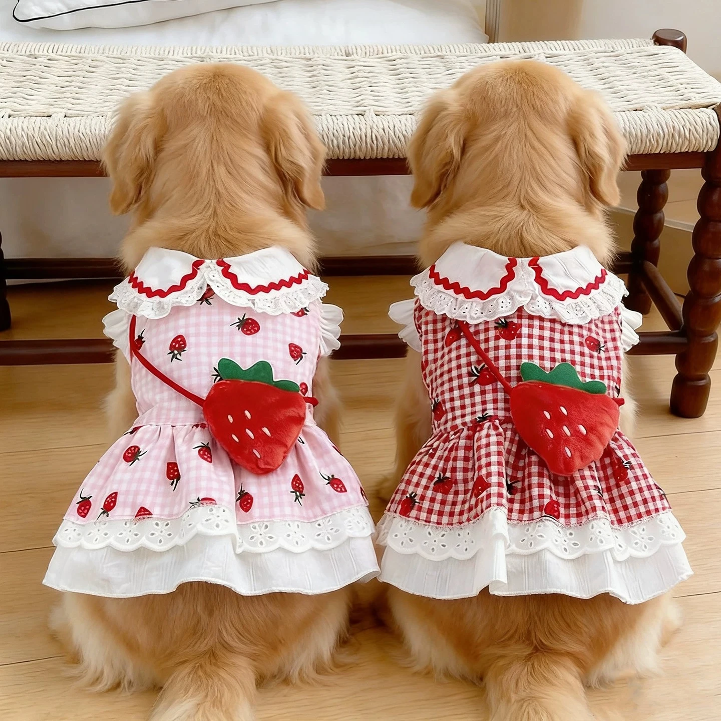 

Strawberry Print Dog Dress Plaid Ruffle Skirt with Strawberry Bag Pet Outfit for Medium Large Dogs Golden Retriever Labrador
