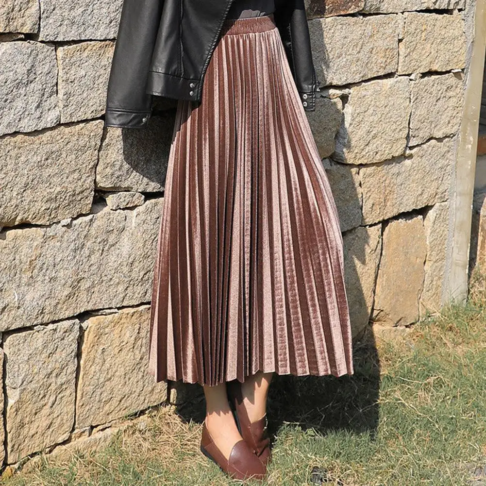 

Women Skirts Elastic High Waist Soft Velvet Skirt Loose Fit Long Skirt Pleated Skirts Autumn Winter Skirt