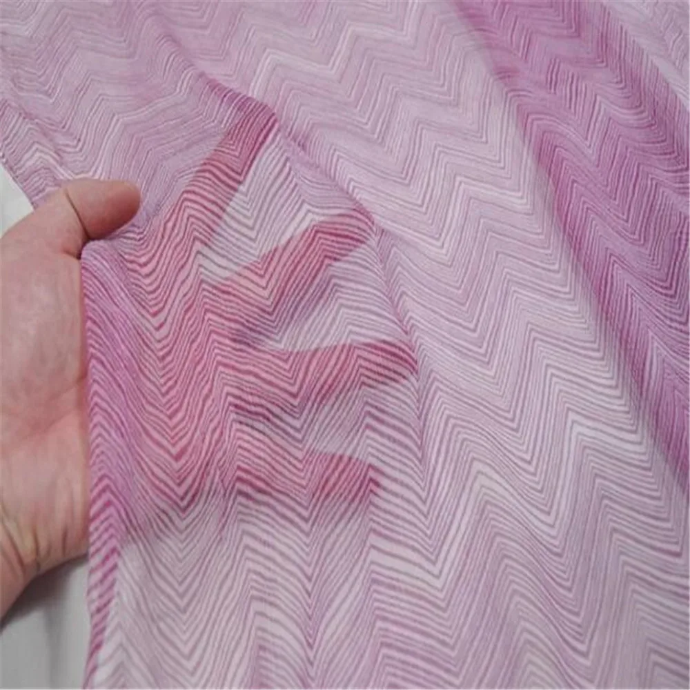 New Simple Printed Line Geometry Soft 100% Natural Crepe Silk Crinkle Chiffon Fabric for Gilr Modern Clothes Pink Color