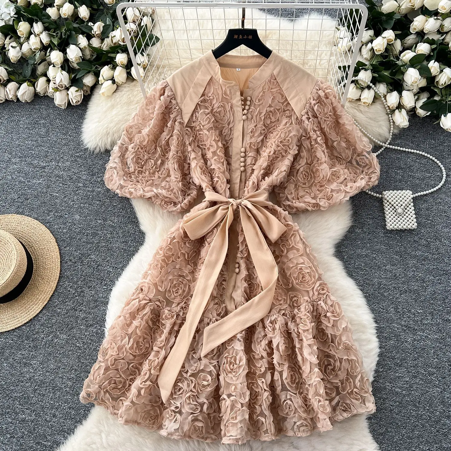 

Women Mini Dresses Gown Floral Puff Sleeve Elegant Dress Round Neck Lady Button High Waist Bow Vestidos Party Sweet Summer