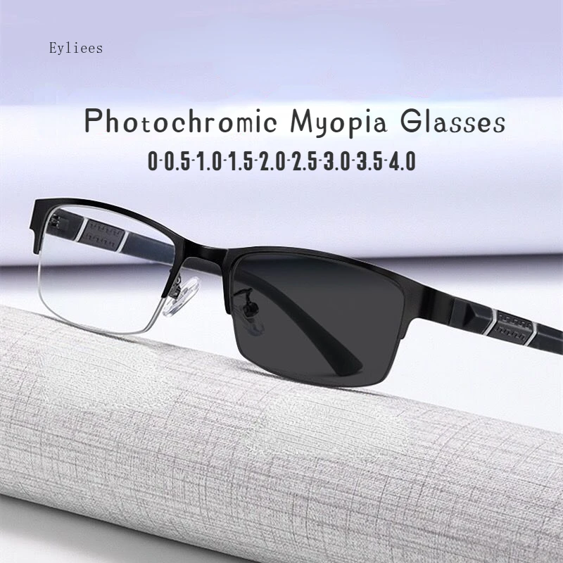 Men\'s Vintage Business Photochromic Myopia Glasses Half Frame Metal Blue Light Blocking Eyewear Classic UV Shades Sunglasses