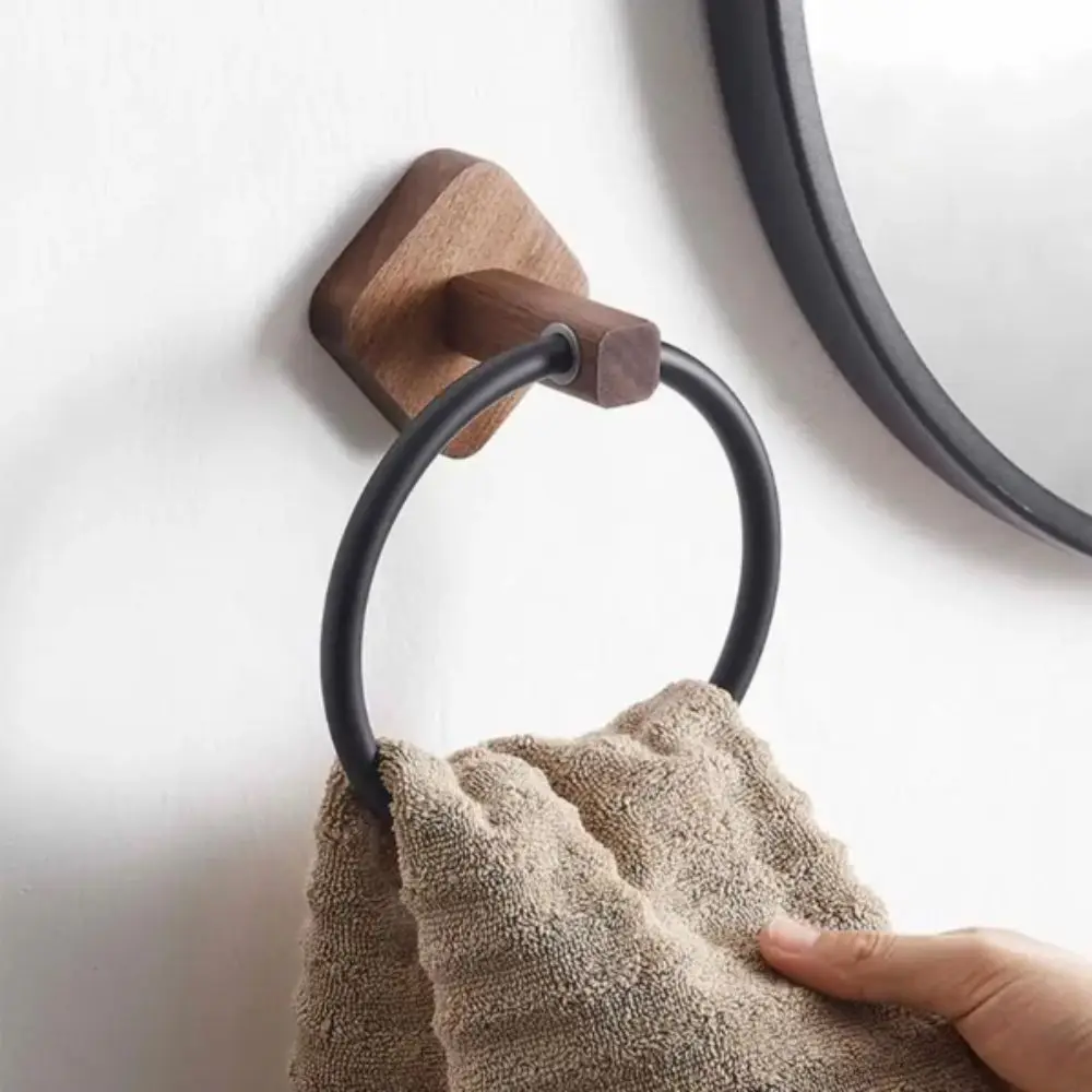 

Round Design Portable Towel Racks Aluminium Material Walnut Wood Towel Holder Rings White Color Beech Wood Aluminium Towel Ring