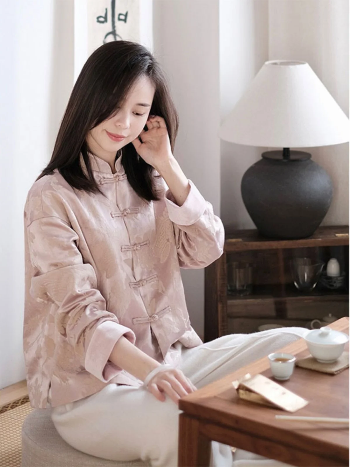 

New Chinese Style Women's Tea Costume Jacket Pink Button up Top Spring Autumn New Style High End Tang Costume Wind Silk Shirt