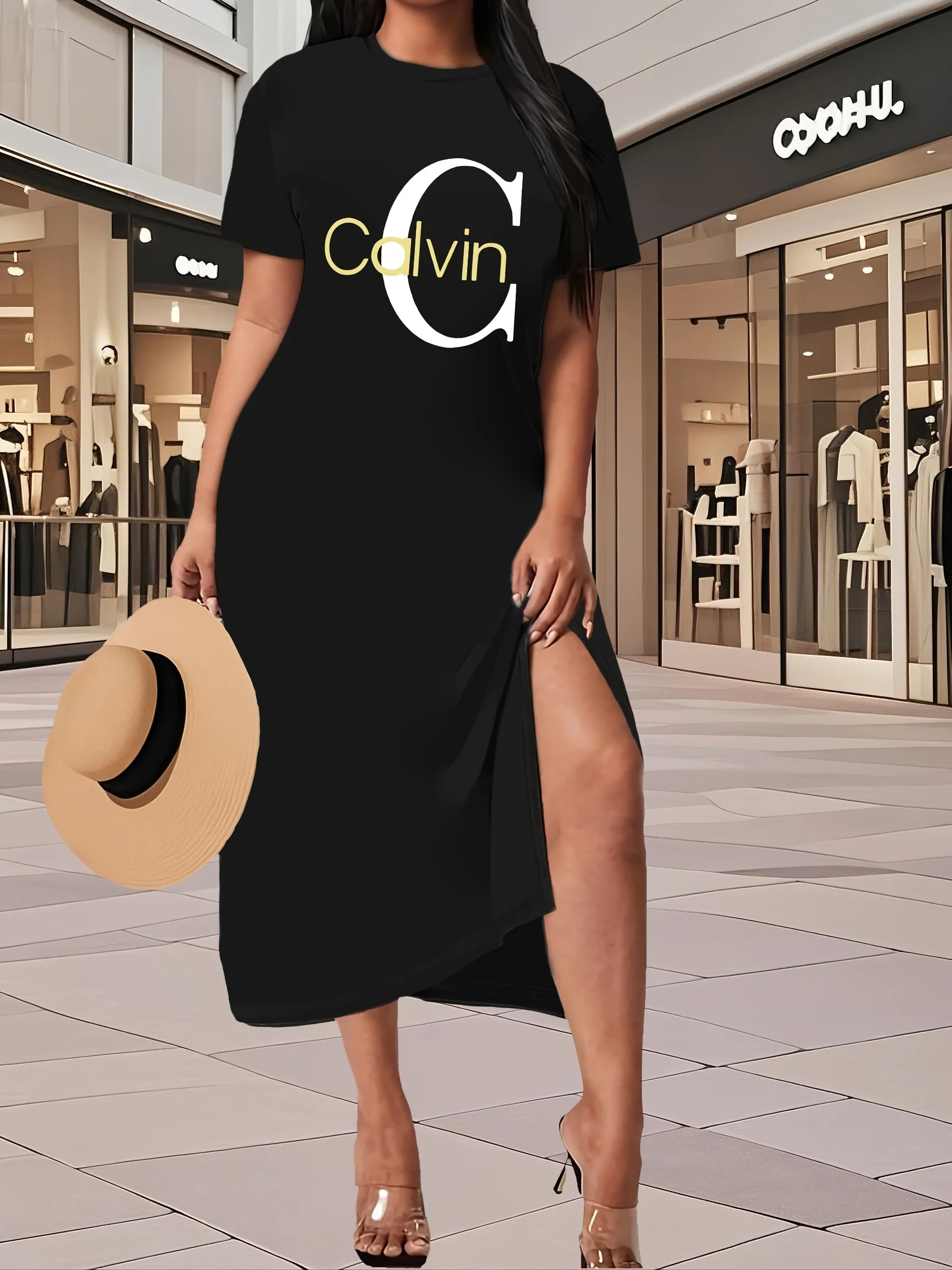 Robe d'été longue t-shirt pour femmes, noire, élégante, jupe fendue, graphique ours rose