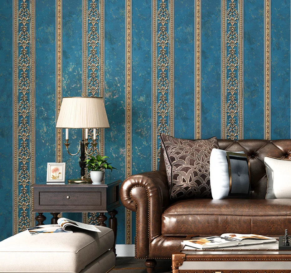 3D three-dimensional vertical stripes wallpaper non-woven retro American bedroom living room background wall blue green
