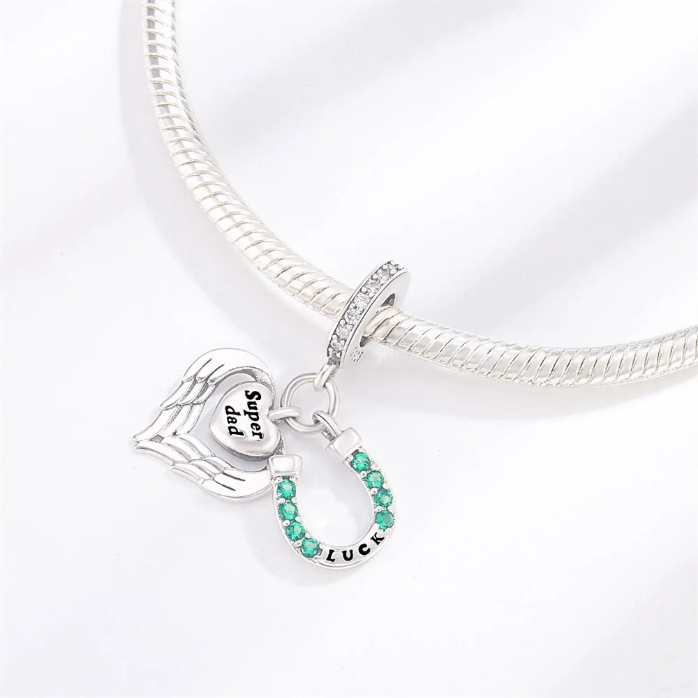 Pan Charms Original Luck Horseshoe Super Dad Dangle Charm Bracelet Pendant Jewelry