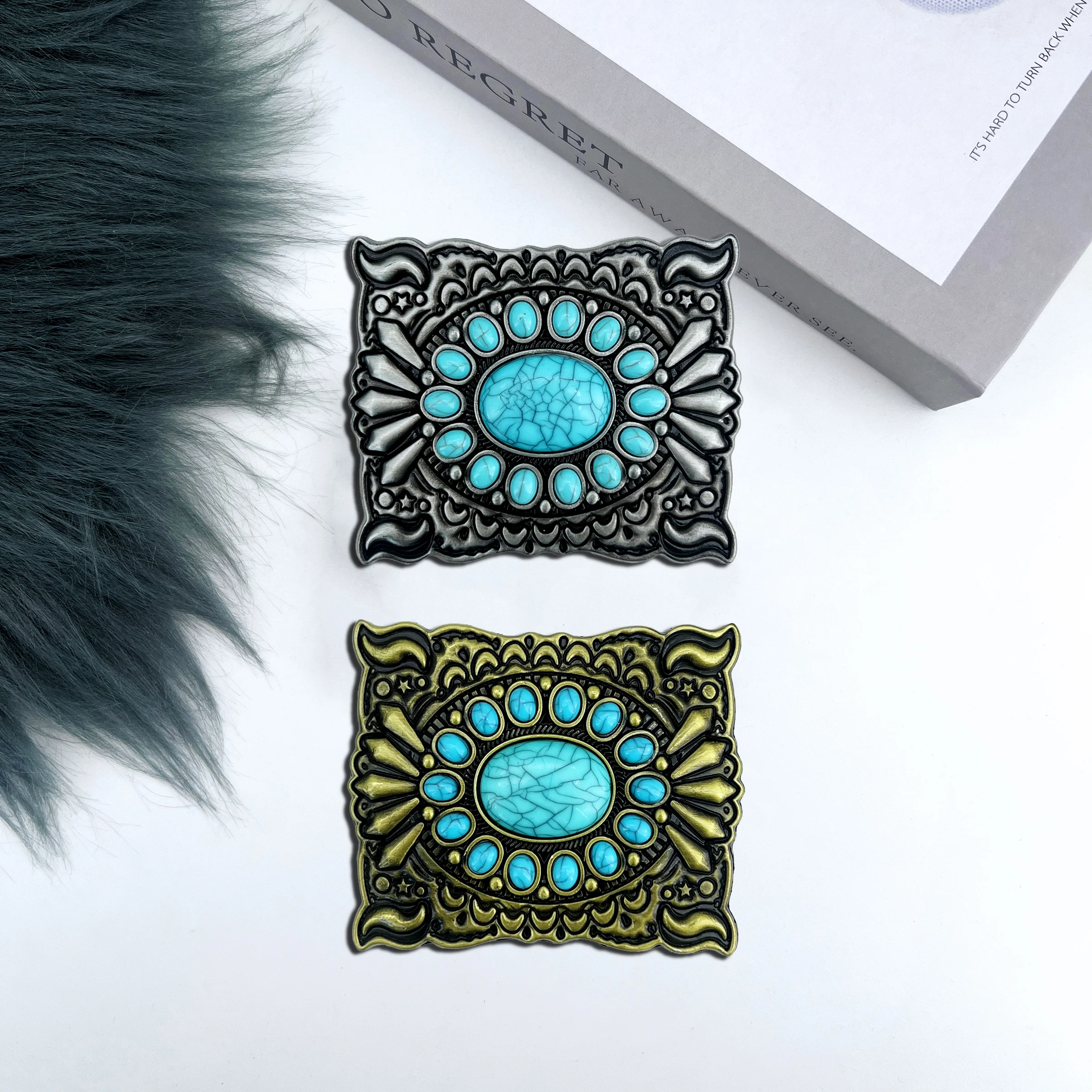 1-Piece Pressed and Aged Large Plate Inlaid Turquoise Engraved Ladies' Matching Accessory Personalized Belt Buckle