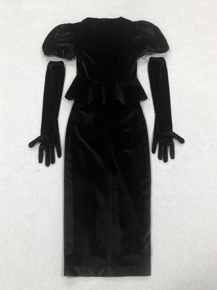 Women Short Sleeves Black Velvet Skirts Two Piece Set Sexy V Neck Diamonds Bow Top+Midi Split Skirt Suits Evening Party Cocktail