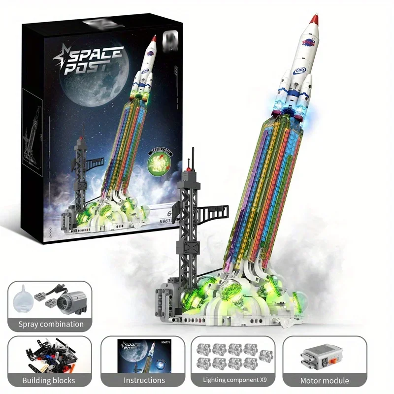 New 711pcs Creative Rocket Launching Model Building Blocks K9617 Set with Spray + LED Light Technology Bricks Assembled Toy Gift