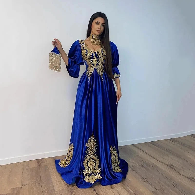 Royal Blue Moroccan Caftan Formal Evening Dresses A-line 3/4 Sleeves Appliques Prom Dresses Arabic Party Dresses