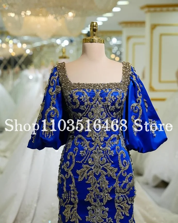 Elegant Square Neck Arabian Wedding Dress Royal Blue Bubble Sleeve Diamante Appliques A Line Bridal Custom платье вечернее