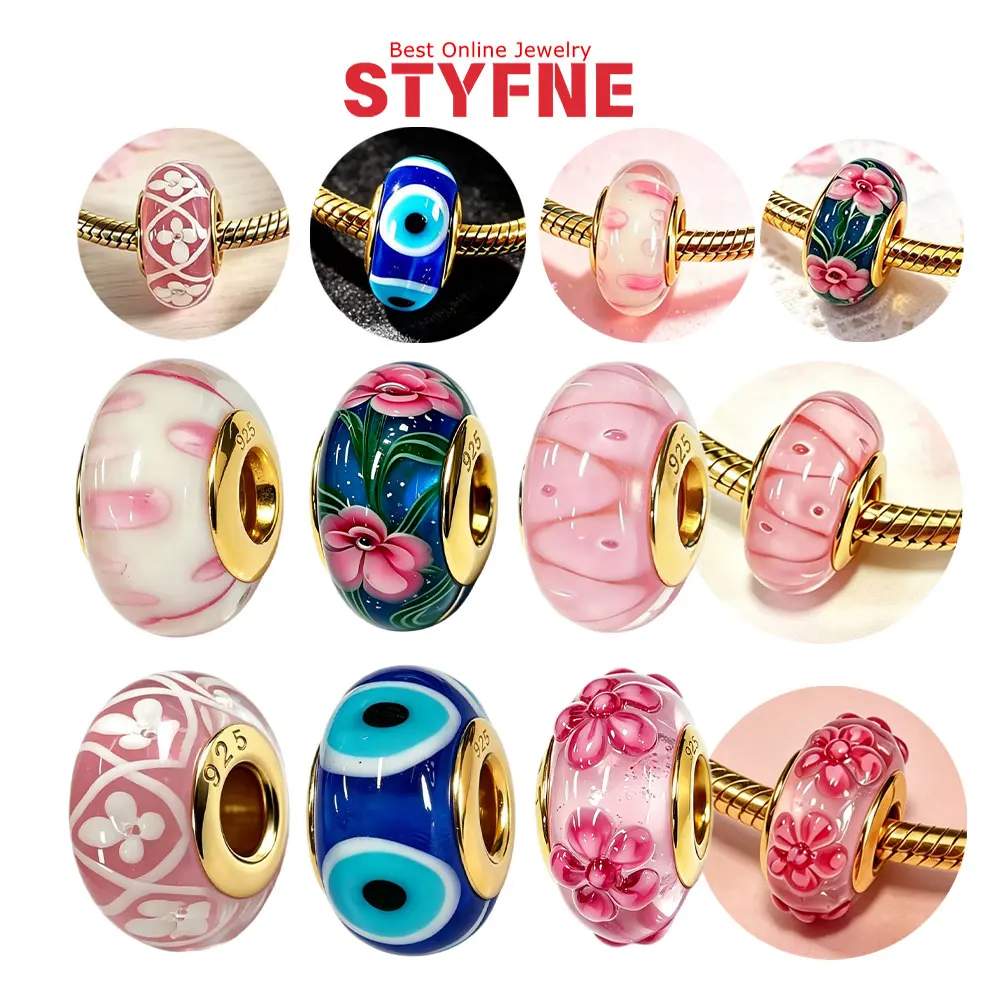 Breloque en verre de Murano S925 en argent plaqué or, motif œil porte-bonheur et fleur rose, pour bracelet DIY, cadeau bijoux femme