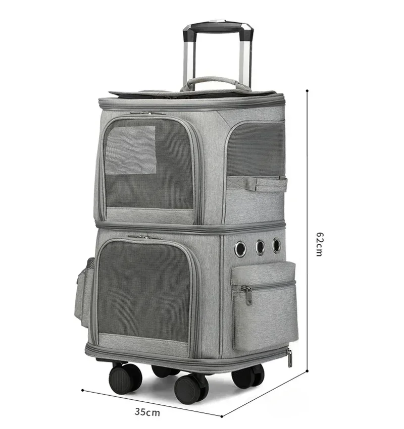 Dubbellaagse draagtas voor huisdieren, ademende tas, opvouwbare transport met wielen, trekstang voor grote katten
