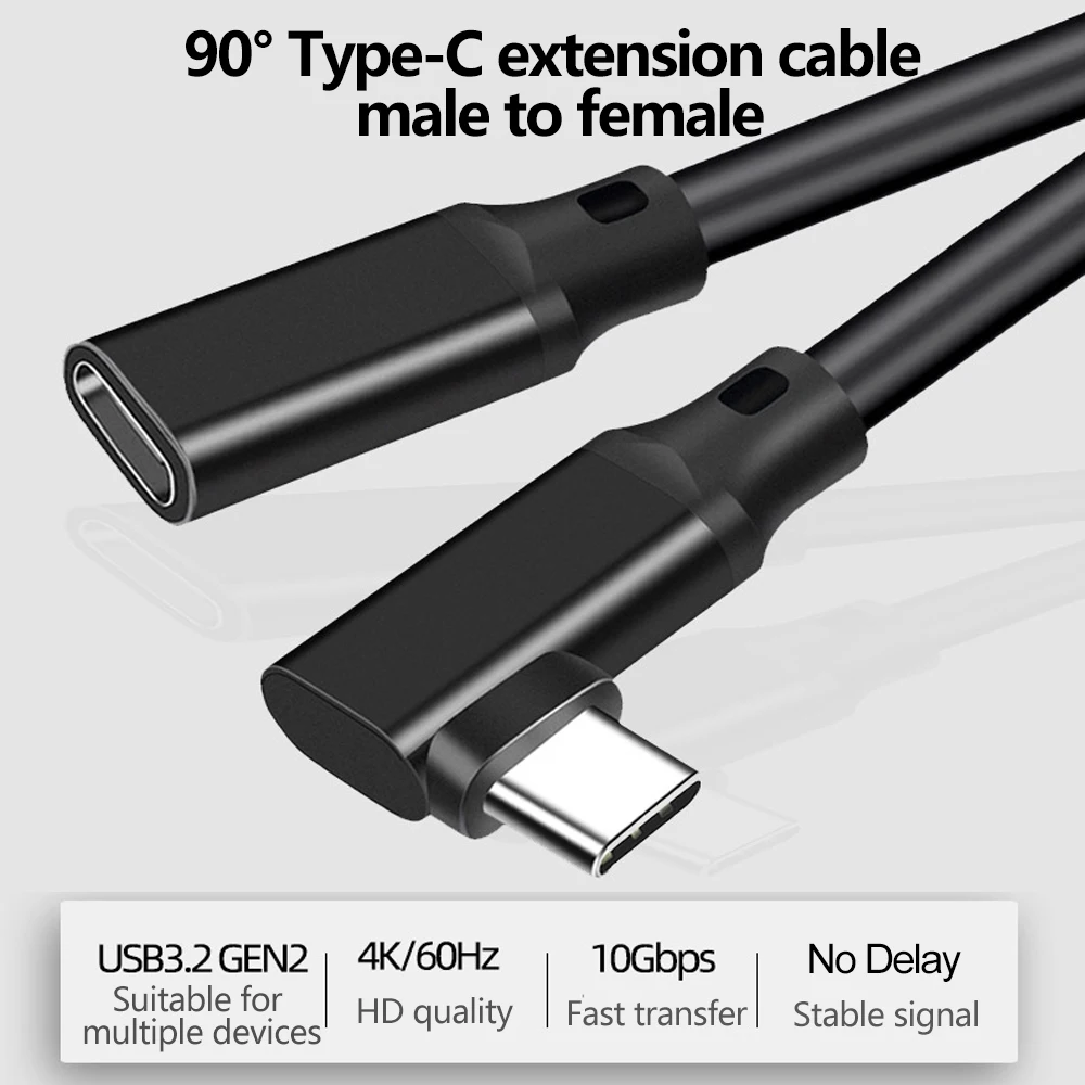 90 Degree Angle USB C Extension Cable Type C USB3.2 10Gbps 100W 5A Male to Female Fast Charging Extender Cord for MacBook Realme