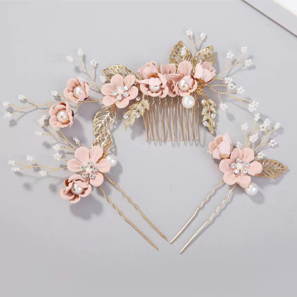 

3-Piece Set of Fashionable and Luxurious Flower Hair Combs, Hair Accessories for Prom, Bride, Wedding, Blue, White, Pink Hair Accessories, Gold Leaf Hair Accessories