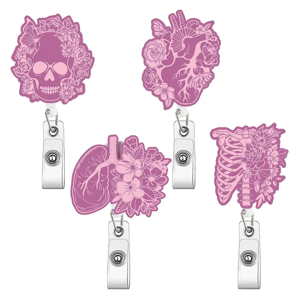 Retractable Id Badge Reel Pink Floral Anatomical Pattern Badge Holder With Metal Clip For Healthcare Workers Id Card Holder Clip