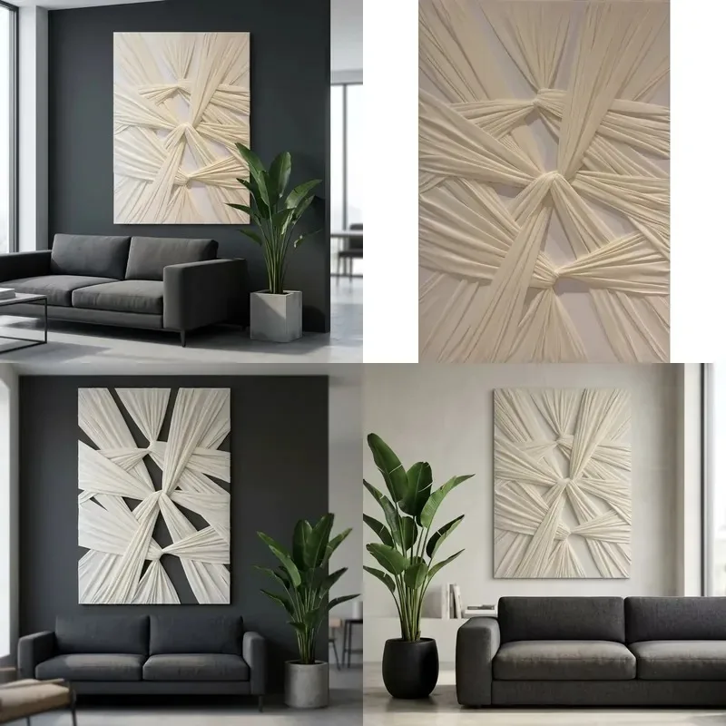 Modern White Plaster Hand Painted Abstract 3D Fabric Sculpture Canvas Wall Art for Hotel Lobby Villa