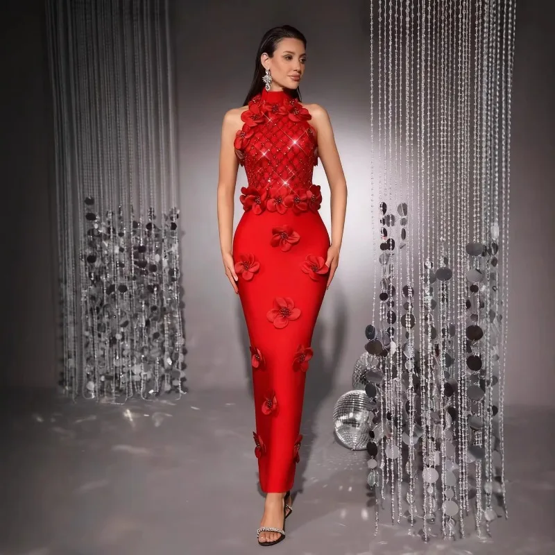 

New Evening Dresses Fashion Flower Sleeveless Long Bandage Skirt Dress Evening Dress